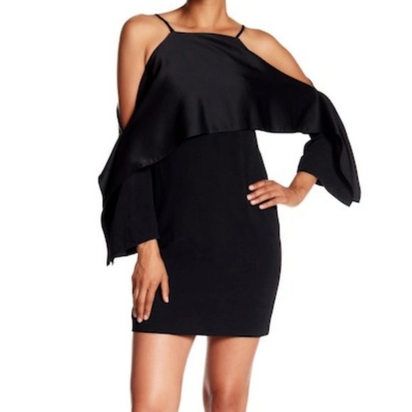 TRINA TURK Dress 4 Black Cold Shoulder Flutter Sleeve Flounce‎ Cocktail Sheath - Picture 1 of 13